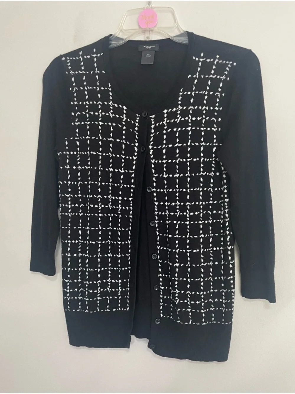 Ann Taylor Black Lightweight Knit‎ Cardigan with White Grid Stitching~ Size S/P